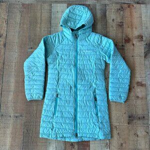 Columbia Girls Size Medium 10/12 Long Length Light Blue Puffer Jacket With Hood